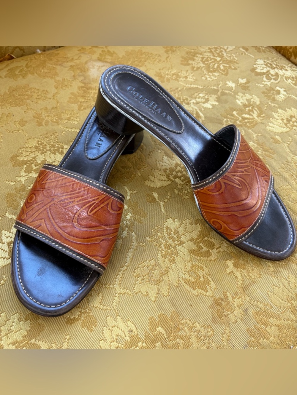 Vintage 90s Boho Brown Leather Mules Sandals